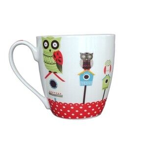 Owl On Bird House Coffee Mug Nature's Home Country Kitchen Red White